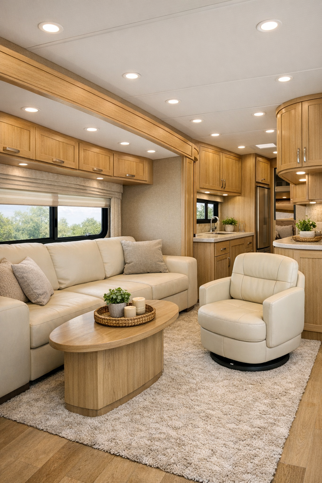 Bright accessible RV living room with ivory seating, pale oak cabinetry, and soft modern lighting