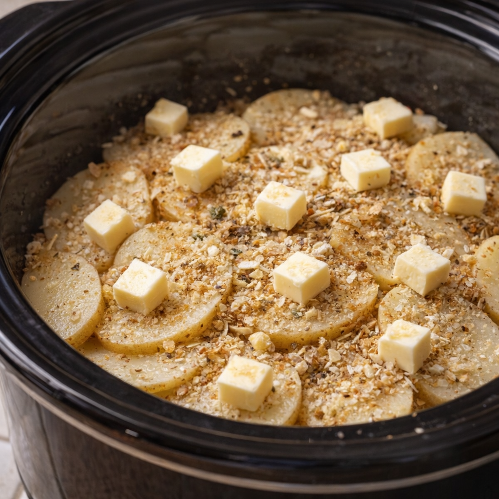 Onion soup mix and butter scattered over potatoes in the crock