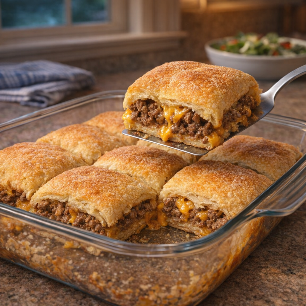 Freshly baked beef crescent squares in a glass casserole dish