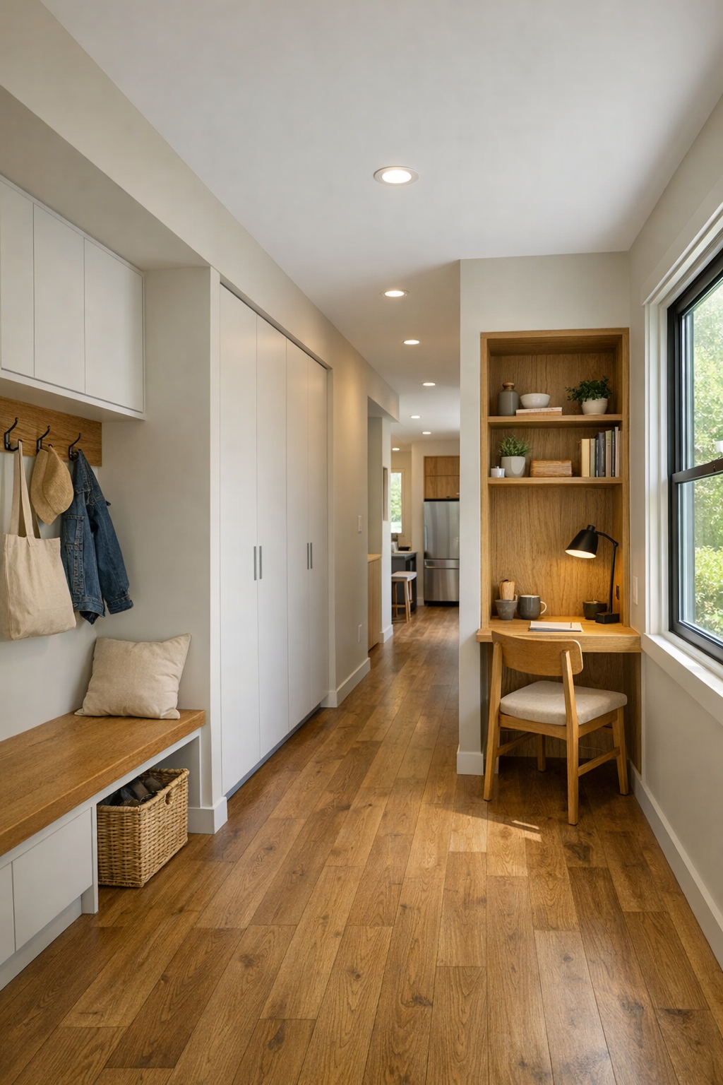 Built-in hallway and work nook in a warm accessible container home