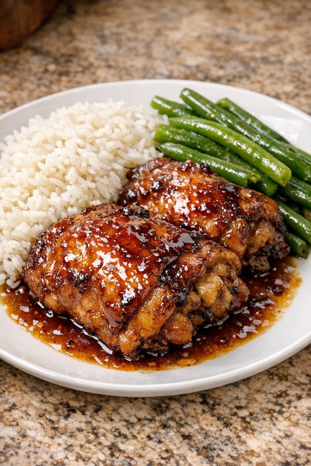 Finished plated caramelized chicken thighs with sauce