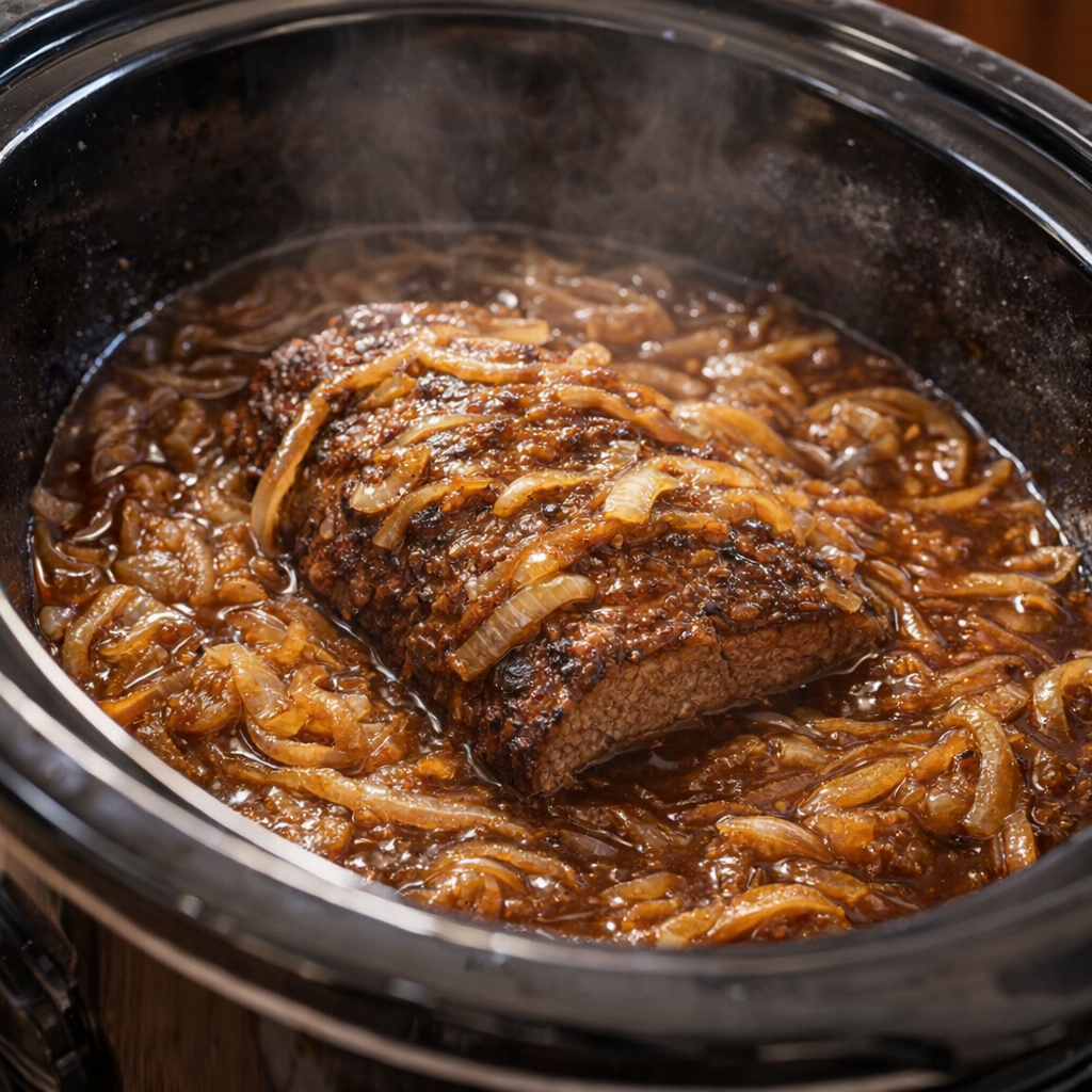 Cooked brisket in slow cooker with dark onion gravy