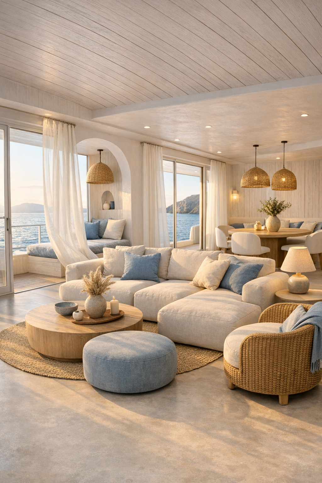 Bright barrier-free living room with ivory linen sofa and pale microcement floors