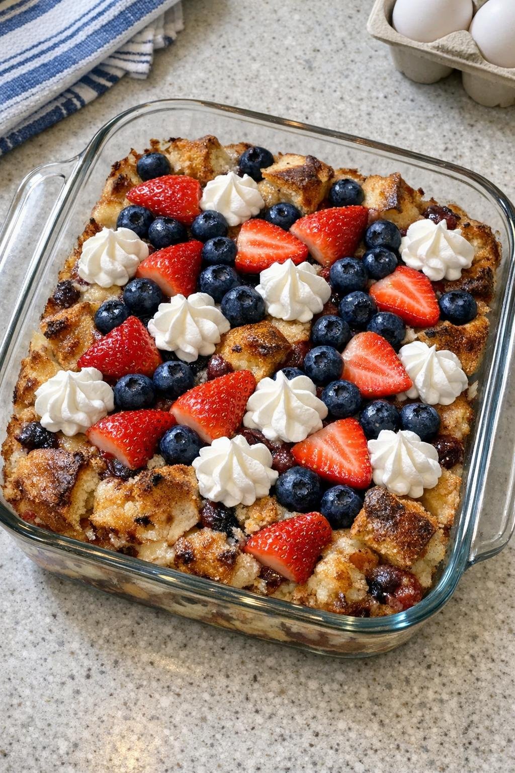 Baked patriotic bagel dessert in a glass dish