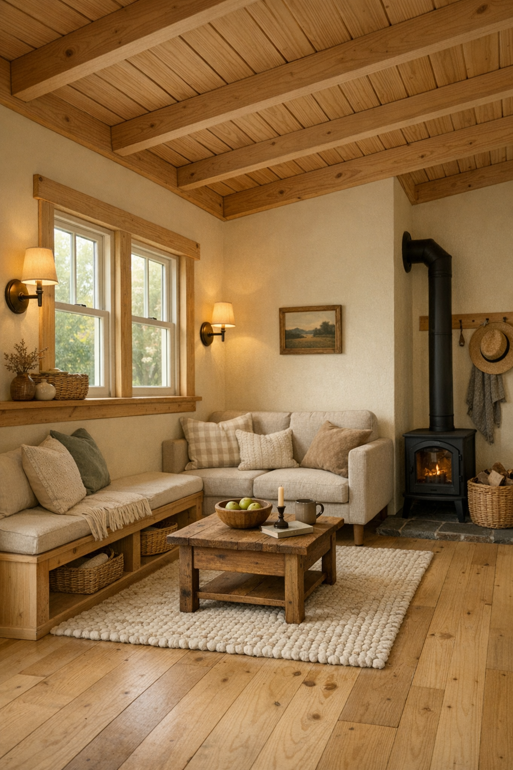 Cozy tiny home living room with buttercream tones, pale wood floors, built-in seating, and warm layered lighting