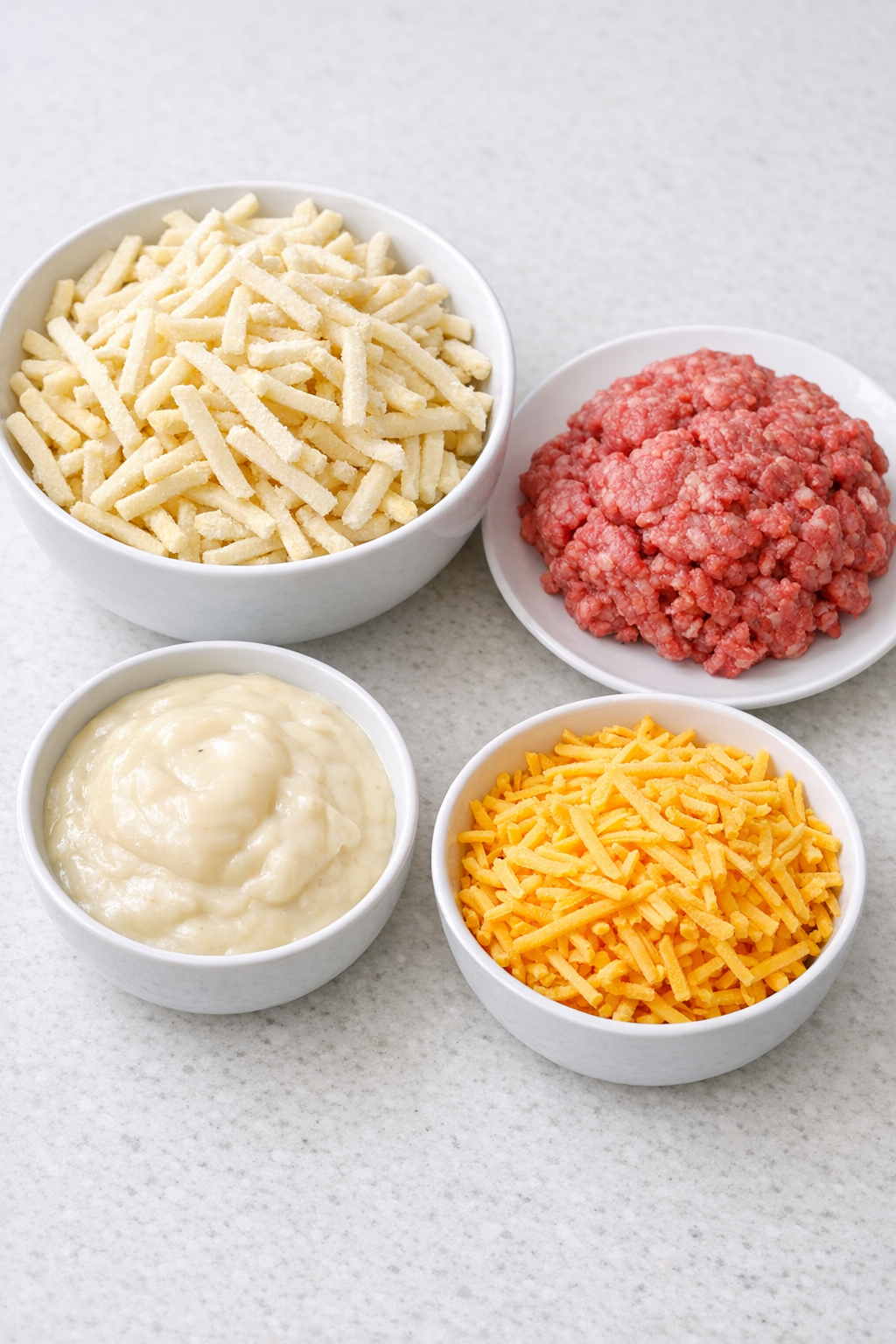 Main ingredients for the casserole arranged on a counter