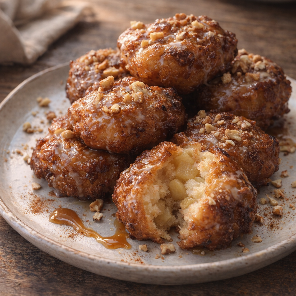 Apple fritters served on a rustic dessert plate with walnuts