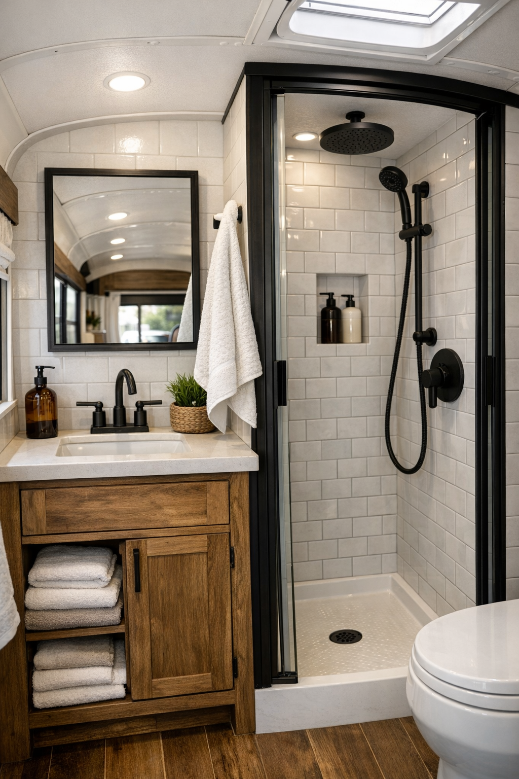 Compact bus bathroom with wood vanity, light tile, and matte black fixtures
