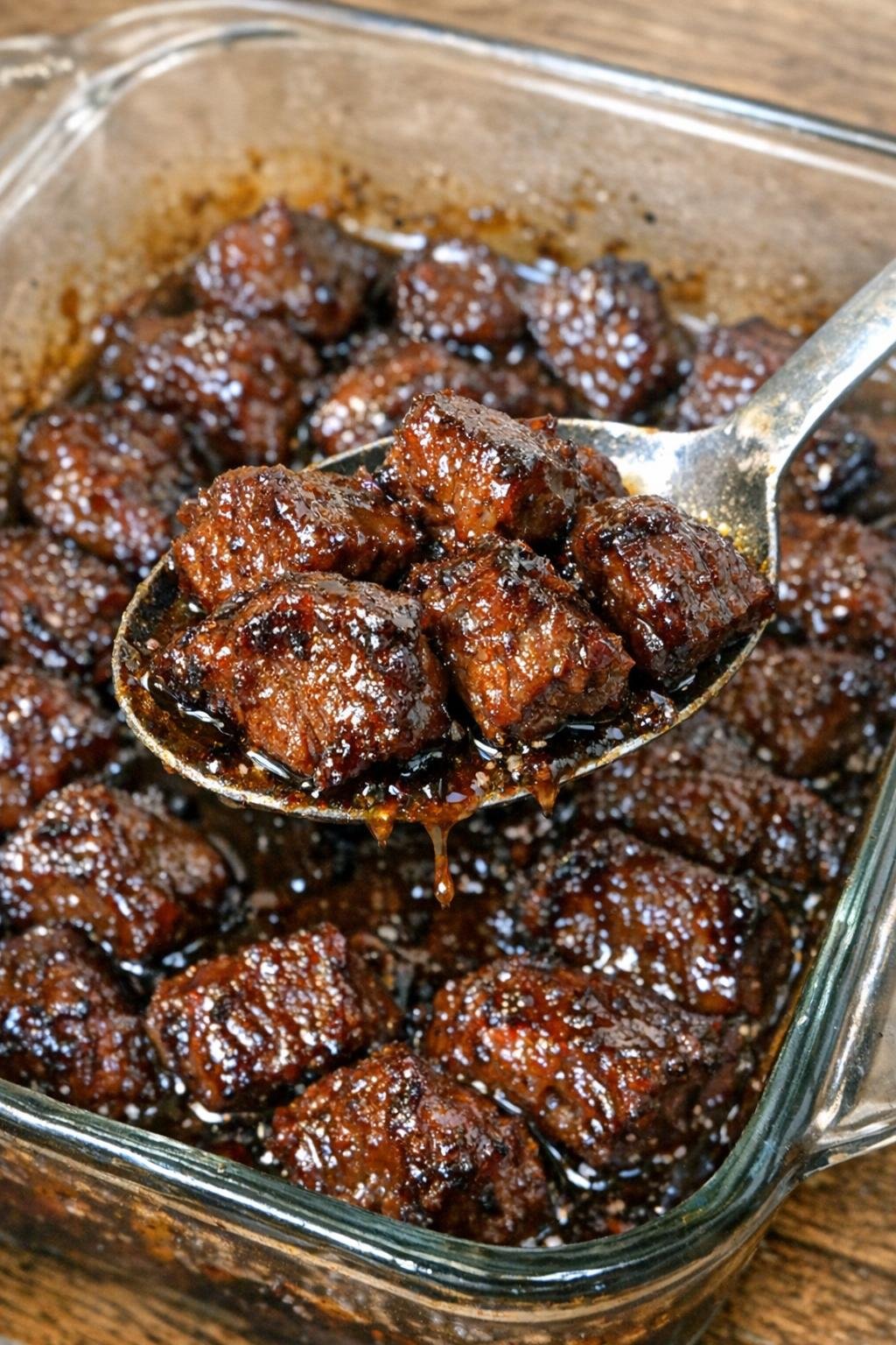 Bite-sized beef appetizers in glossy glaze