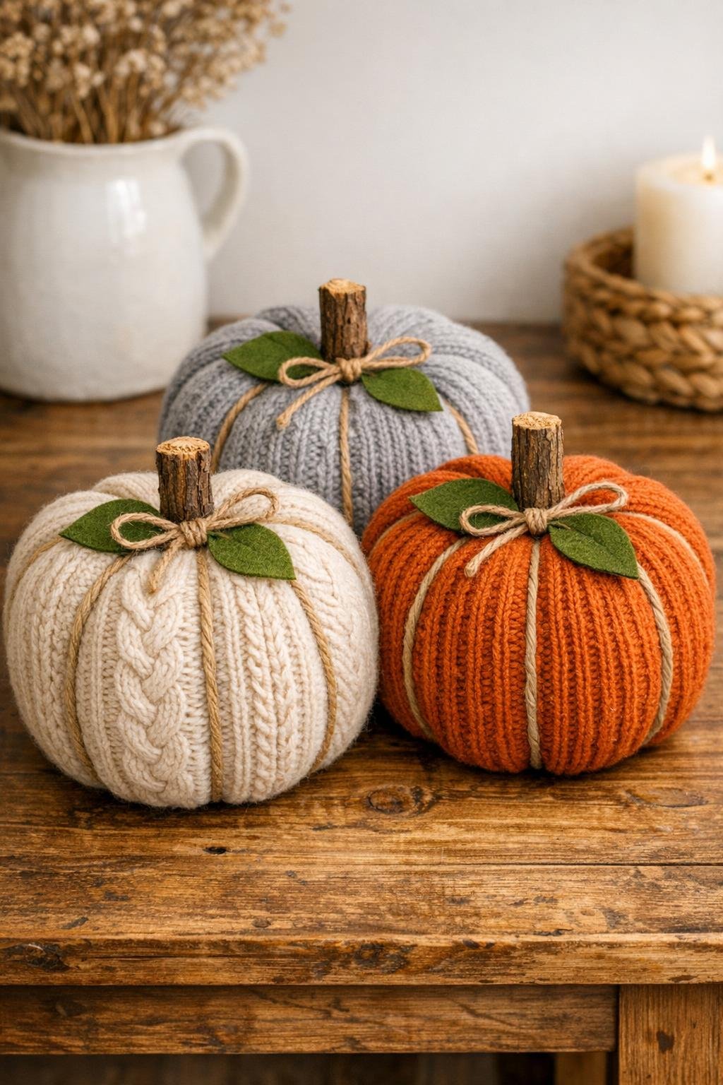 Completed trio of cozy sweater pumpkins arranged together