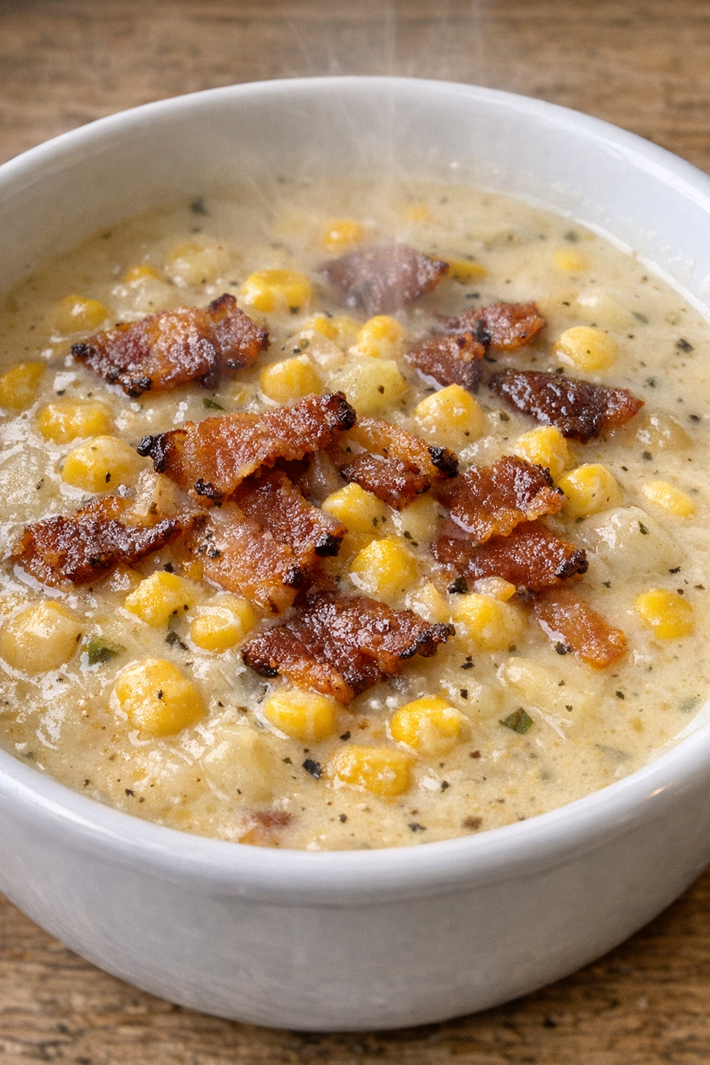 Creamy bacon corn chowder in a white bowl