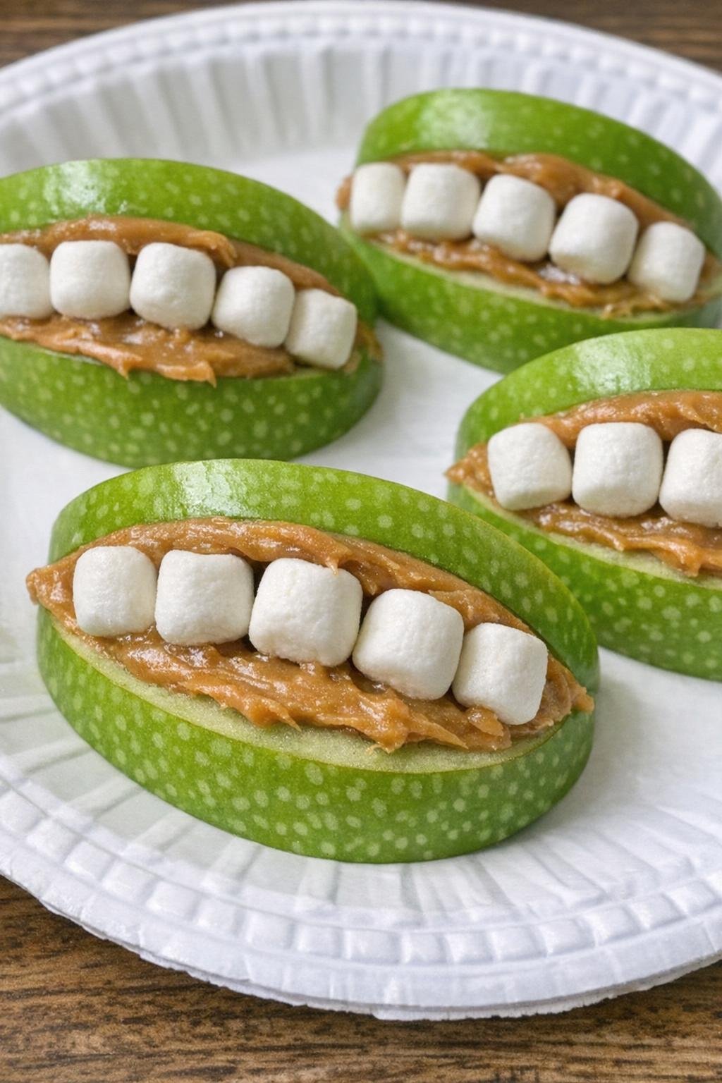 3-ingredient monster mouth apples on a white paper plate