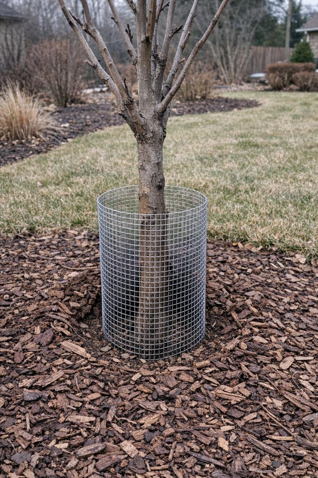Young tree trunk protected with a hardware cloth cylinder