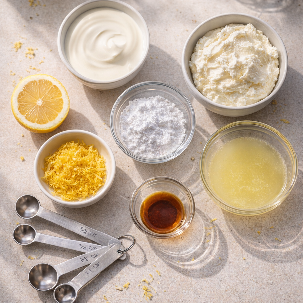 Measured lemon mousse ingredients arranged on a countertop