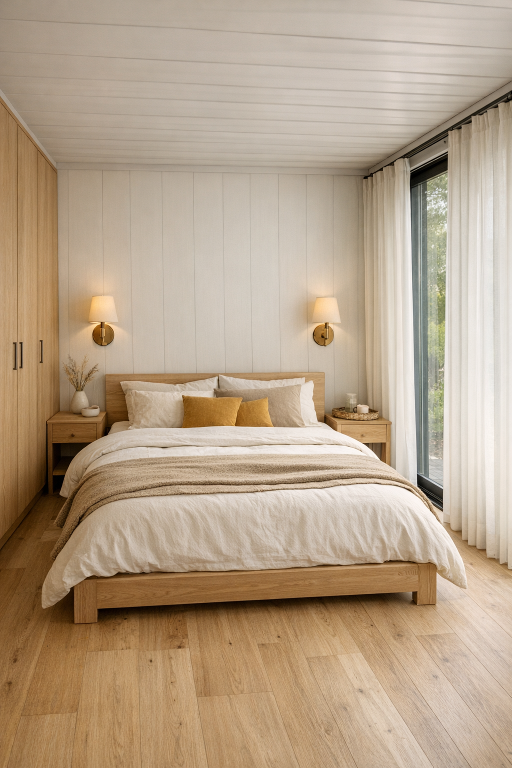Calm bedroom with light oak bed and layered neutral bedding