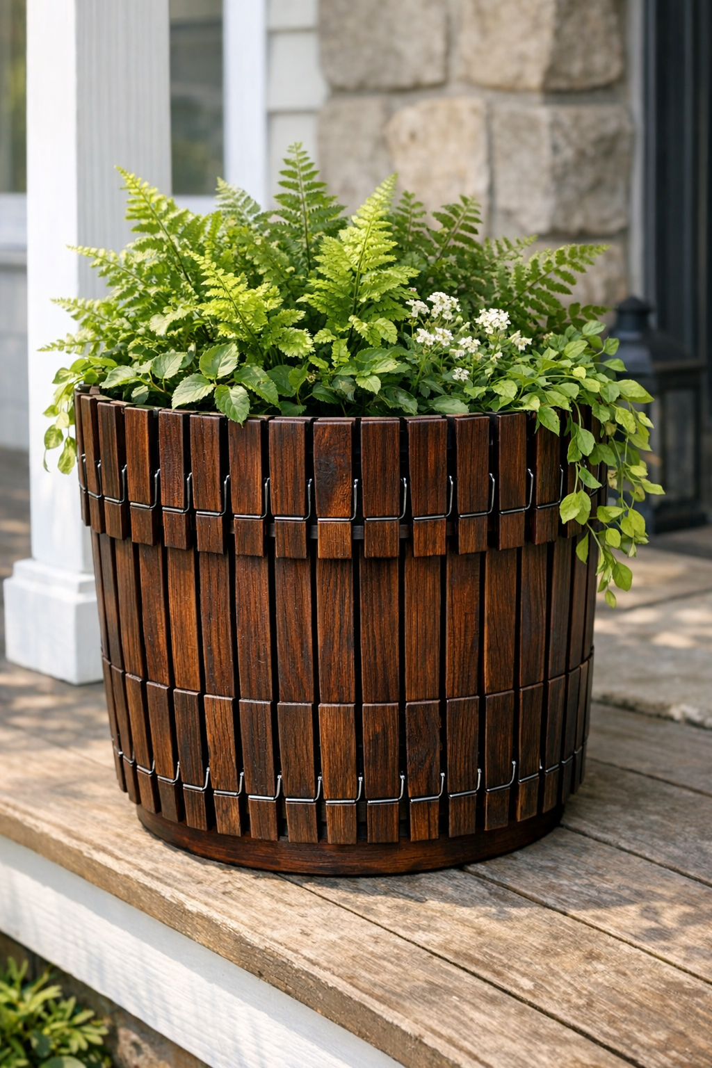Finished rustic faux wood porch planter made from brown clothespins around a white bucket