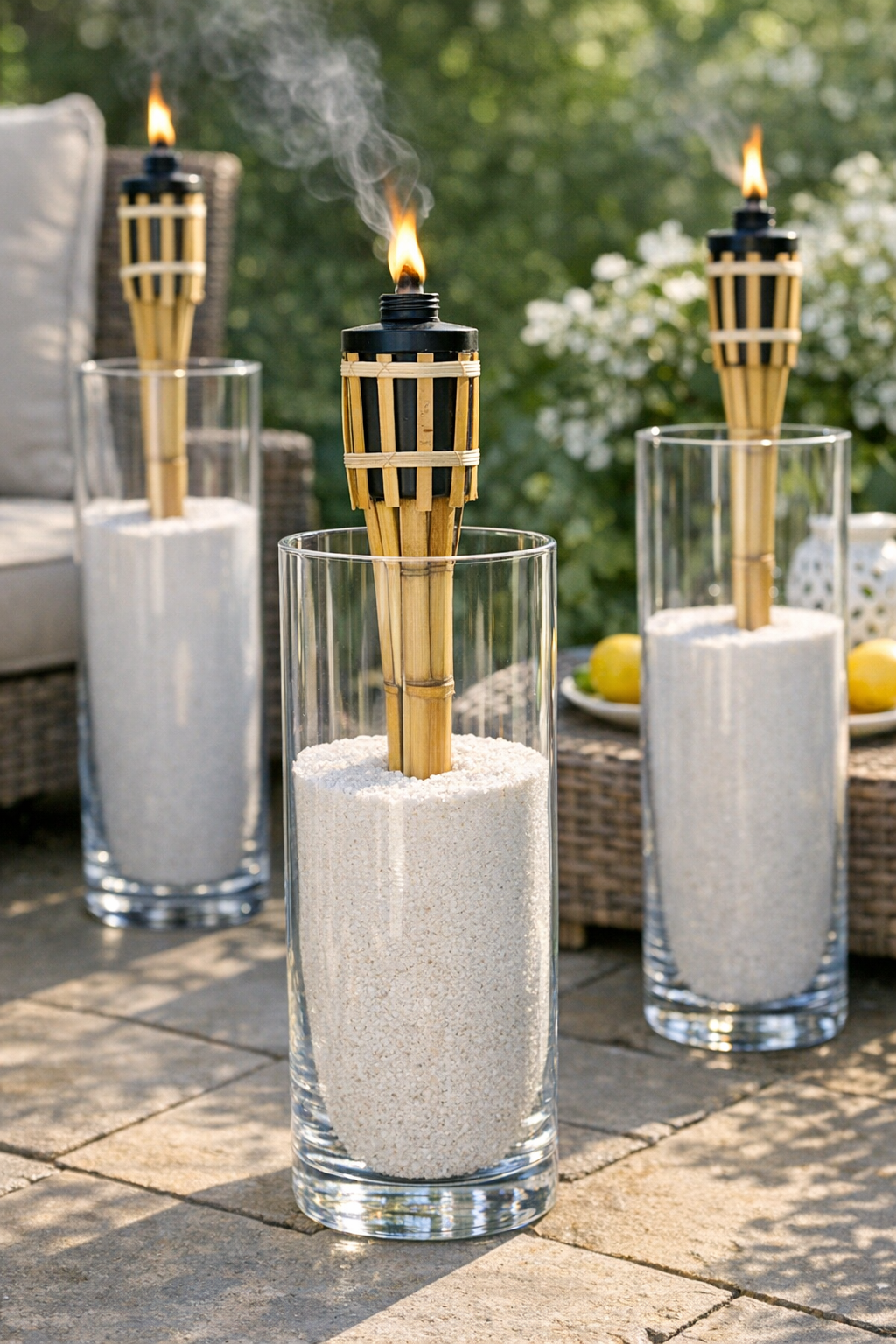 Finished glass vase bamboo torch holders with white sand on a patio
