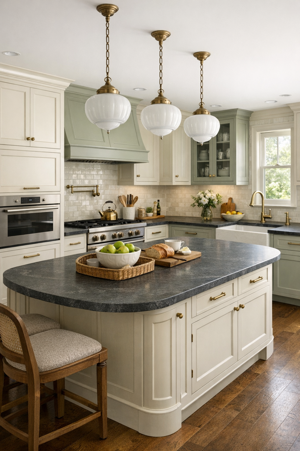 Accessible Victorian houseboat kitchen with cream and sage cabinetry, soapstone counters, and a central island