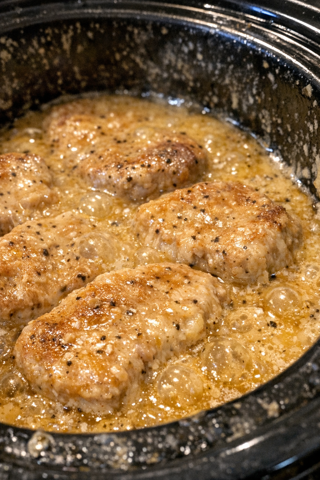 Slow cooker pork cutlets in creamy golden sauce