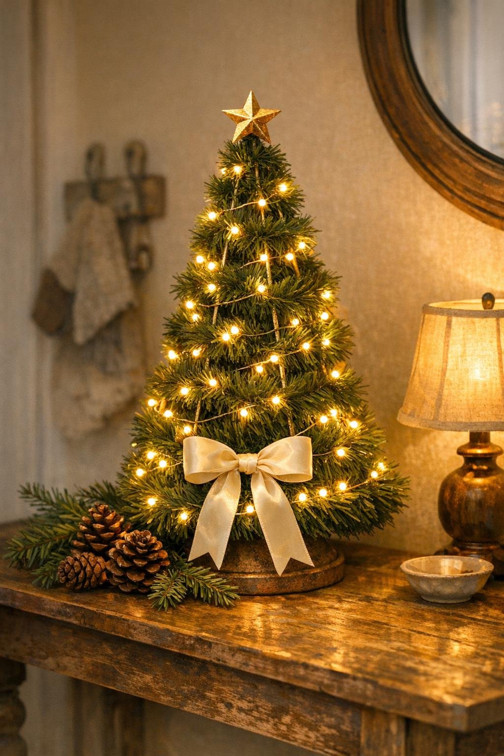 Finished lampshade frame Christmas tree styled indoors