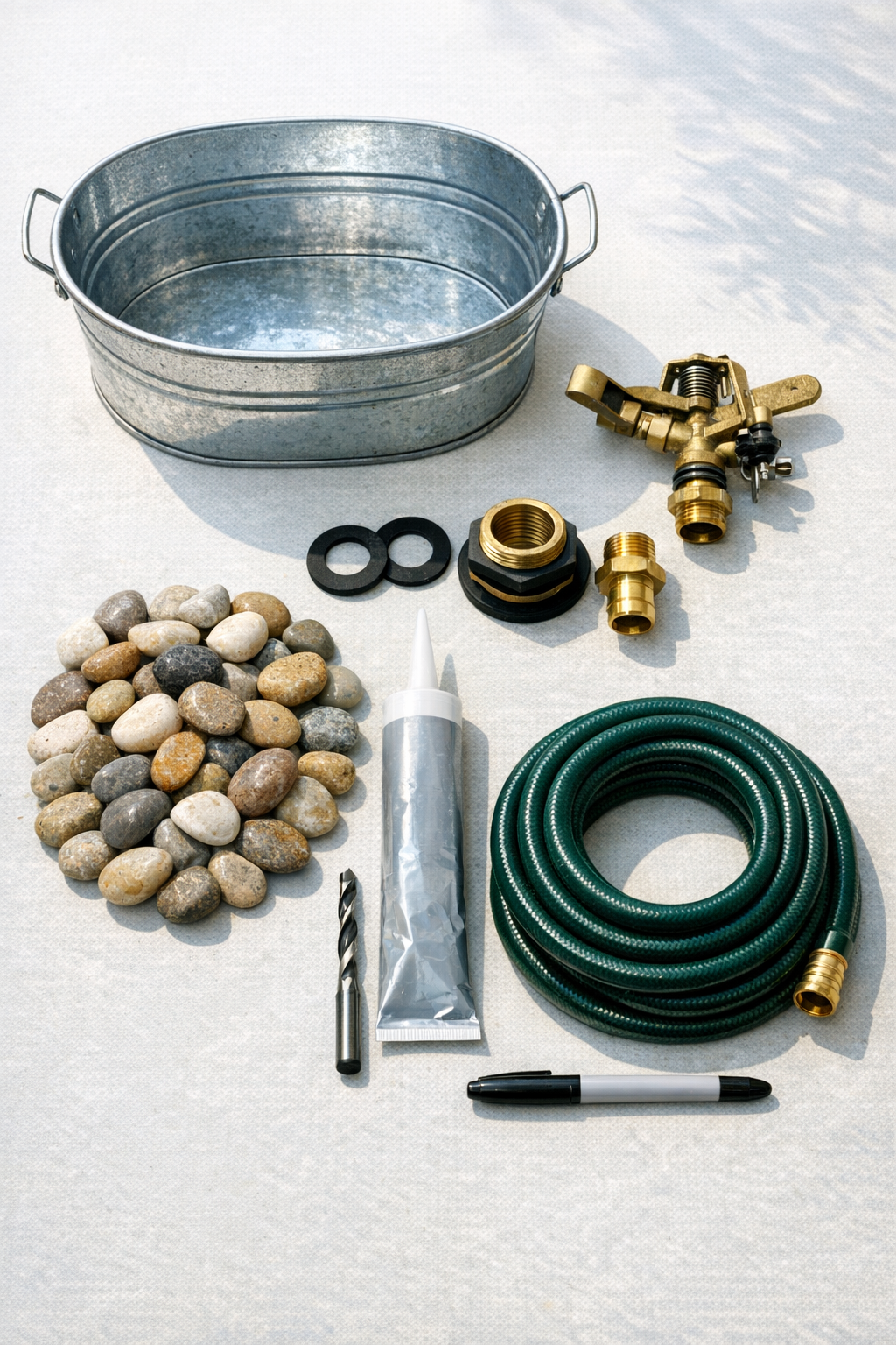 Materials for an outdoor foot wash station laid out neatly
