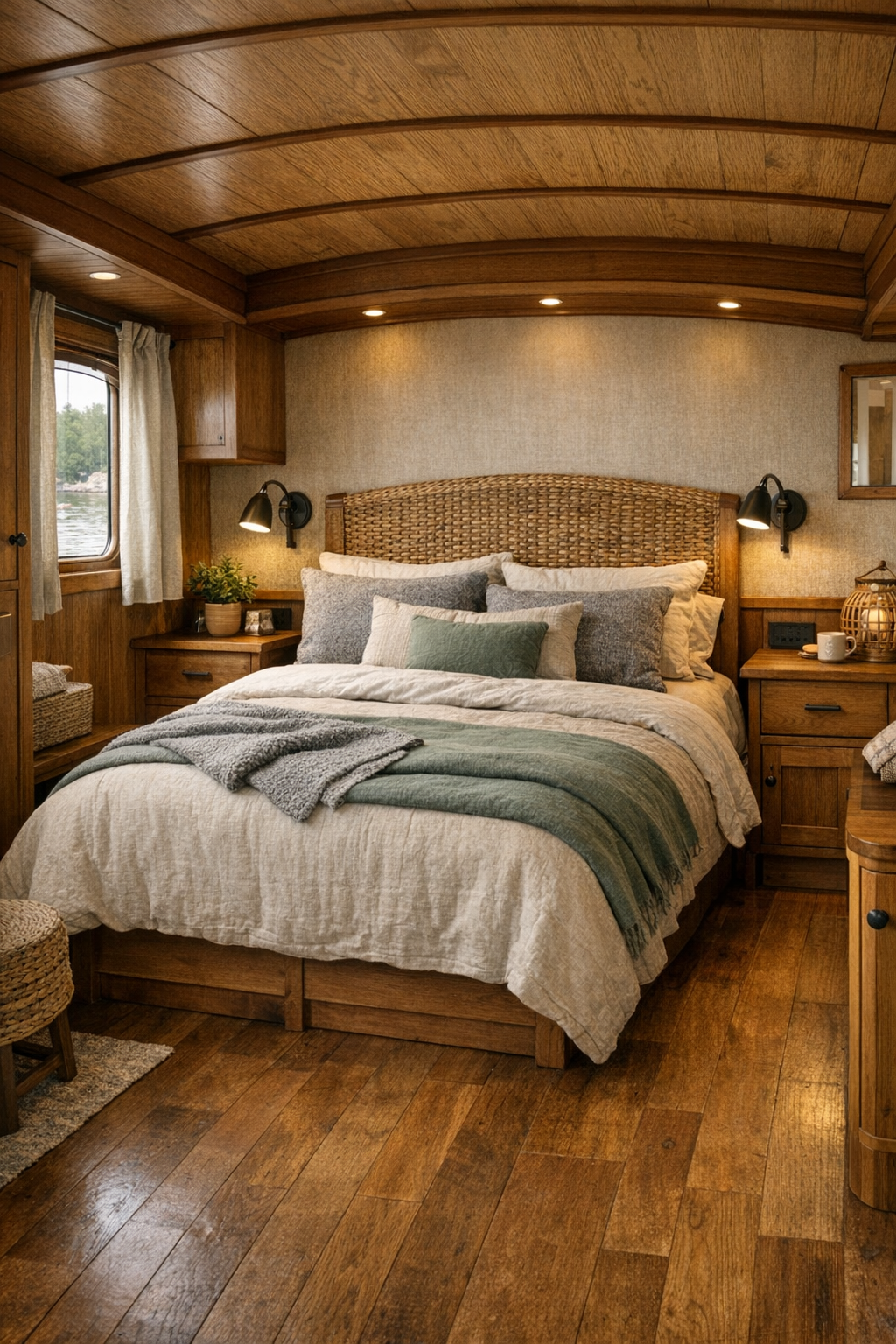 Cozy bedroom with warm wood trim, layered neutral bedding, and built-in storage