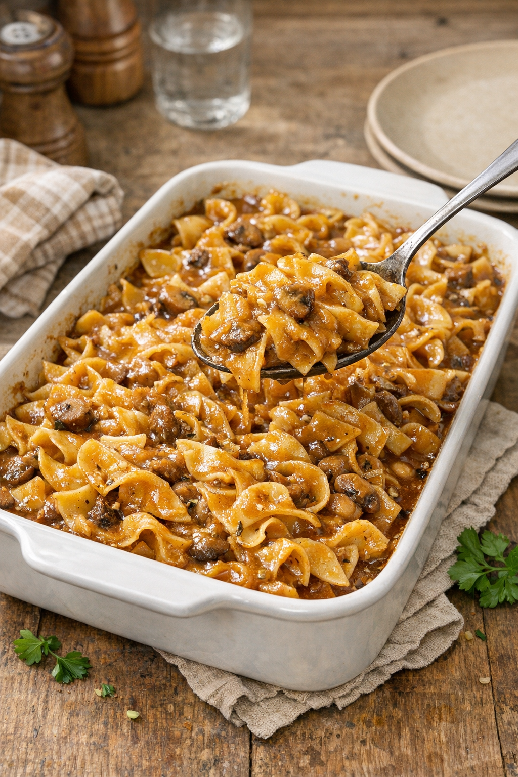 Finished baked golden mushroom noodles in a casserole dish