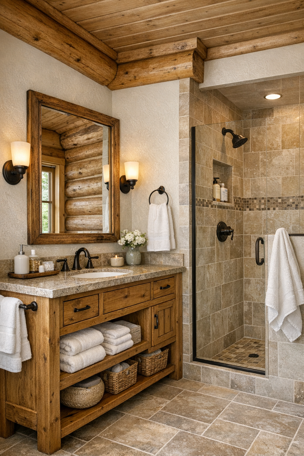 Rustic bathroom with custom wood vanity and bright stone finishes