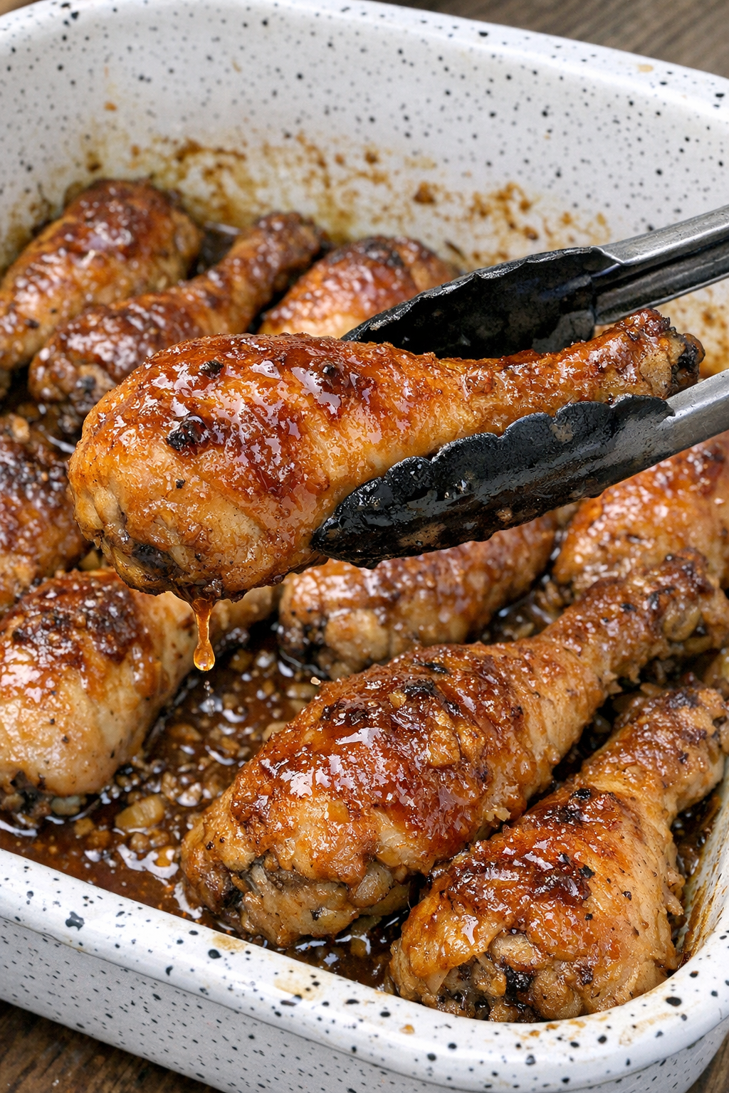 Sticky glazed chicken drumsticks in a roasting pan