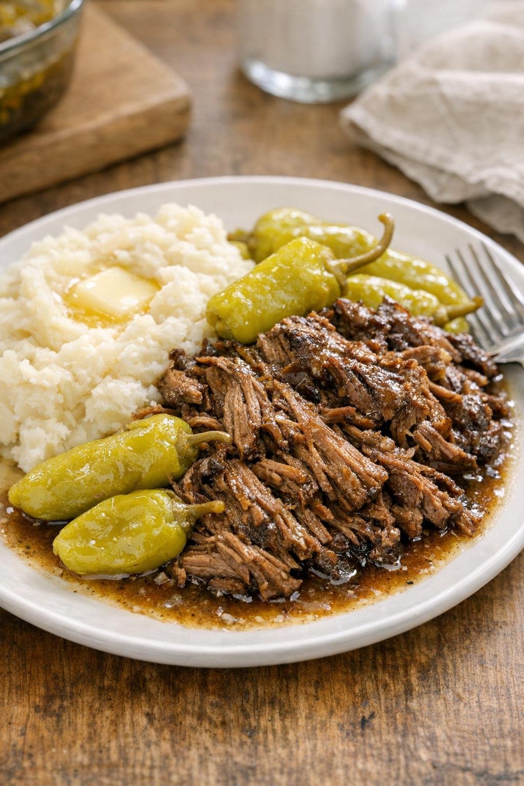 Finished Mississippi pot roast plated with cooking juices and pepperoncini