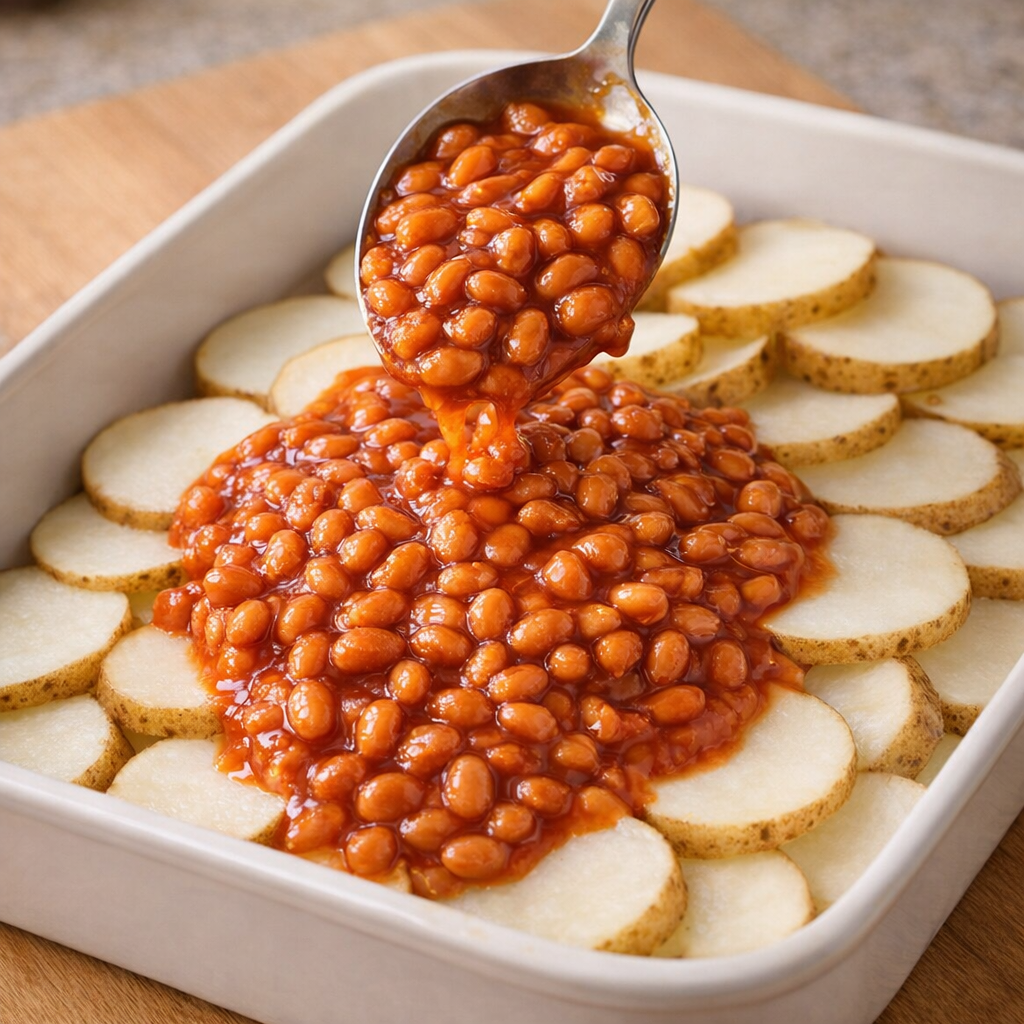 Beans being spooned over layered potato slices in a ceramic baking dish