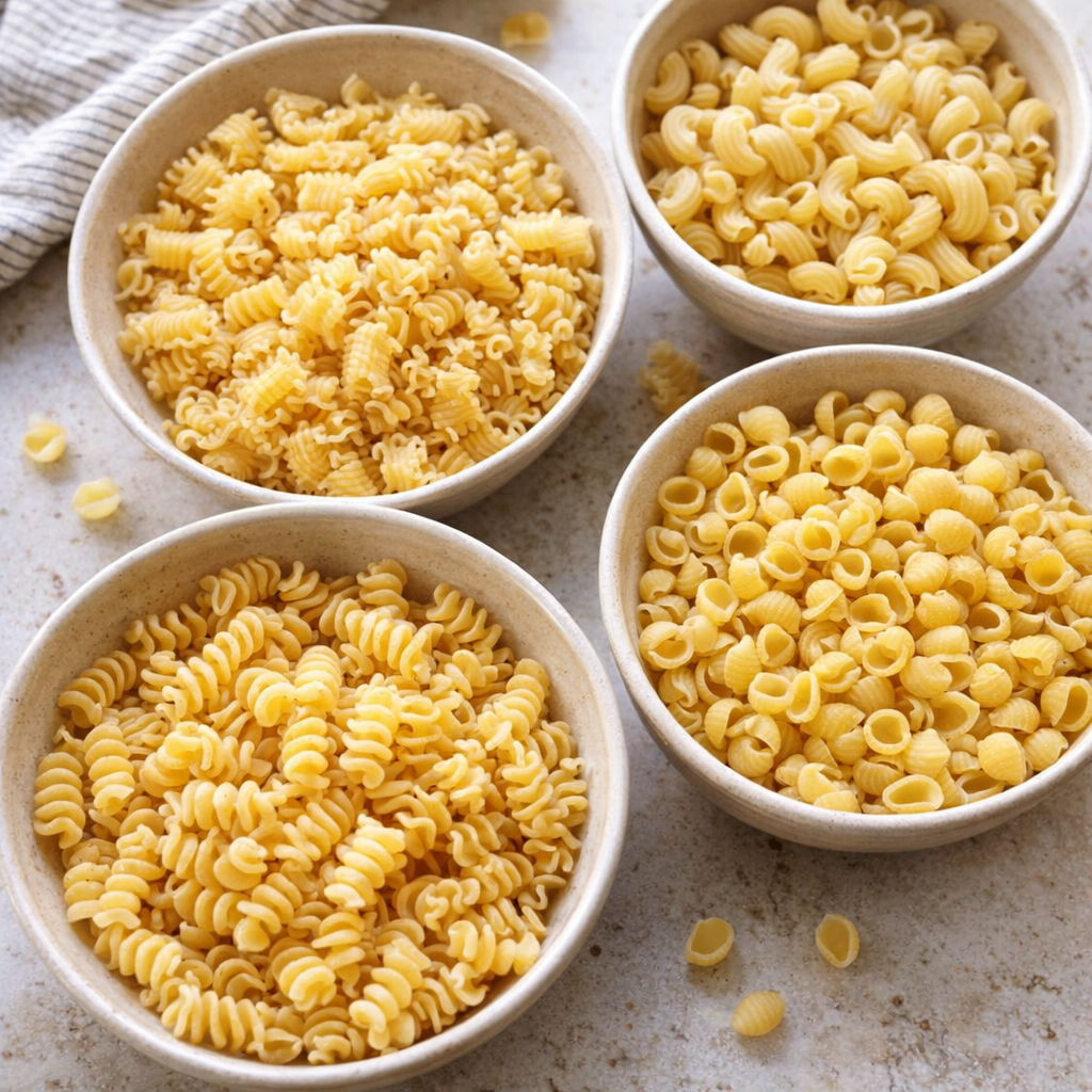 Different short pasta shapes in small bowls