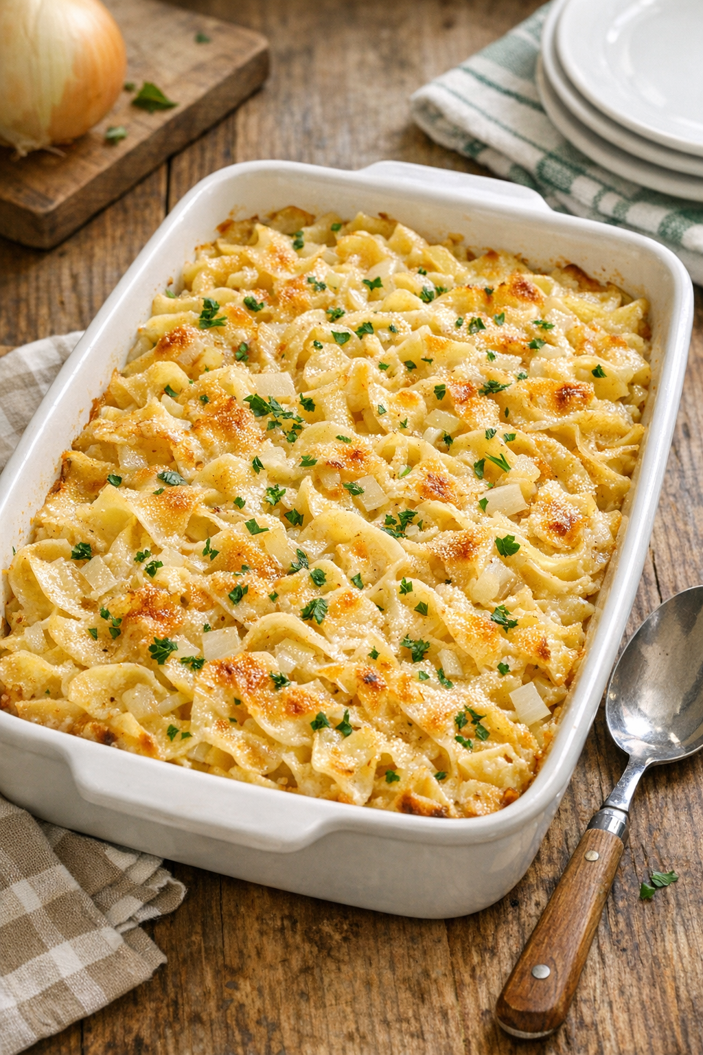 Finished baked Vidalia onion noodles in a casserole dish