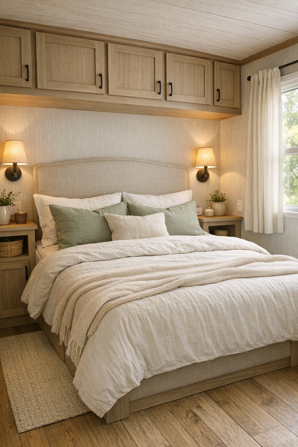 Peaceful cottage bedroom with linen bedding and soft sage accents