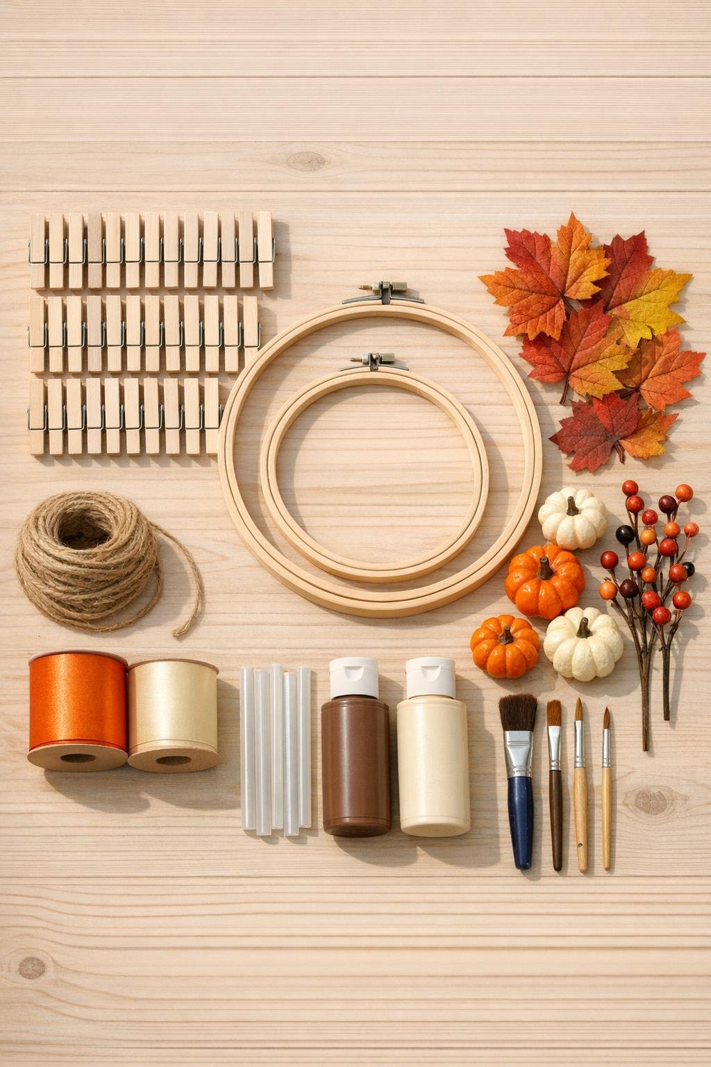 Materials for a clothespin harvest wreath laid out on a table