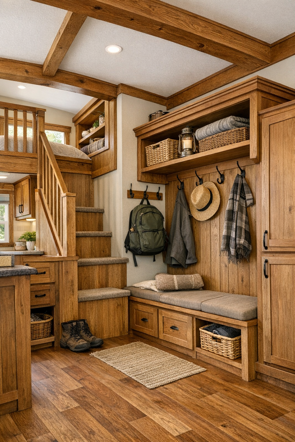 Built-in storage and loft access in a charming craftsman-style small-space interior