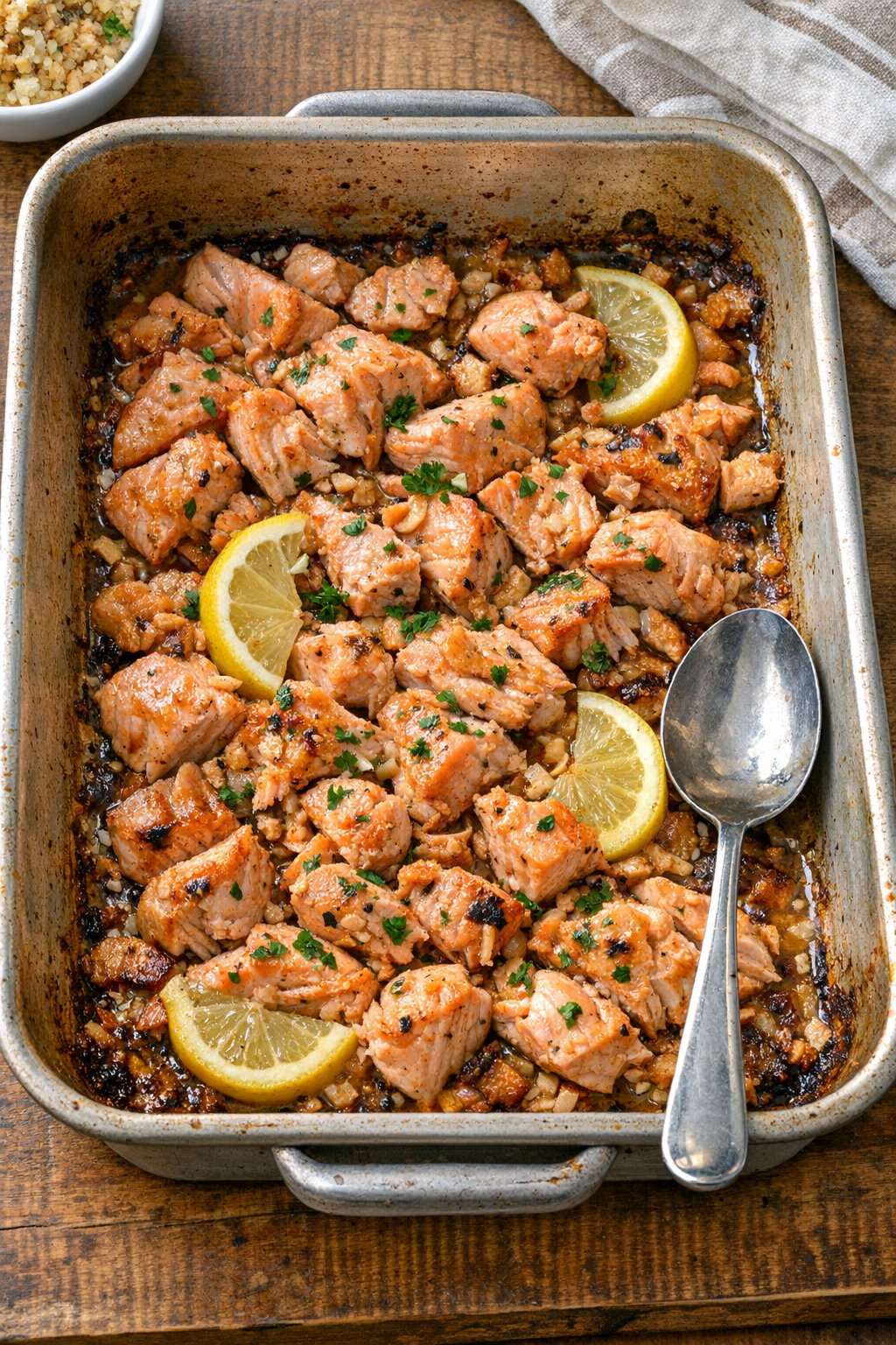 Baked salmon trimmings in a roasting pan