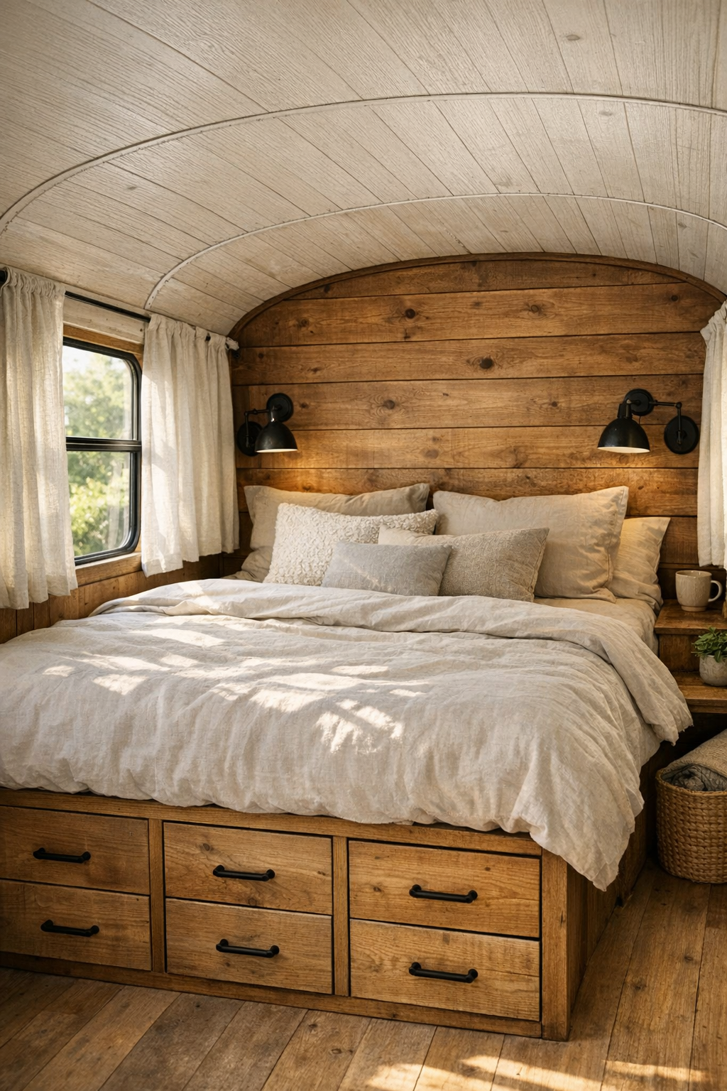 Cozy converted bus bedroom with built-in bed platform and soft neutral bedding