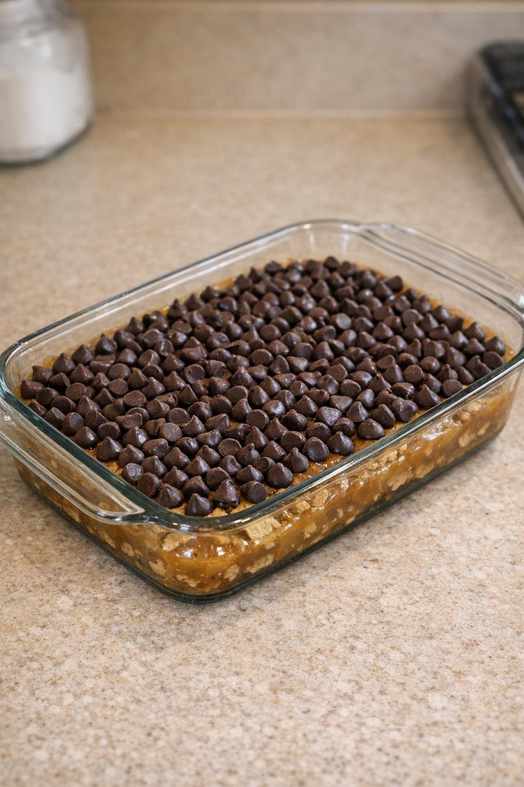 Chocolate chips scattered over caramel graham bars before baking