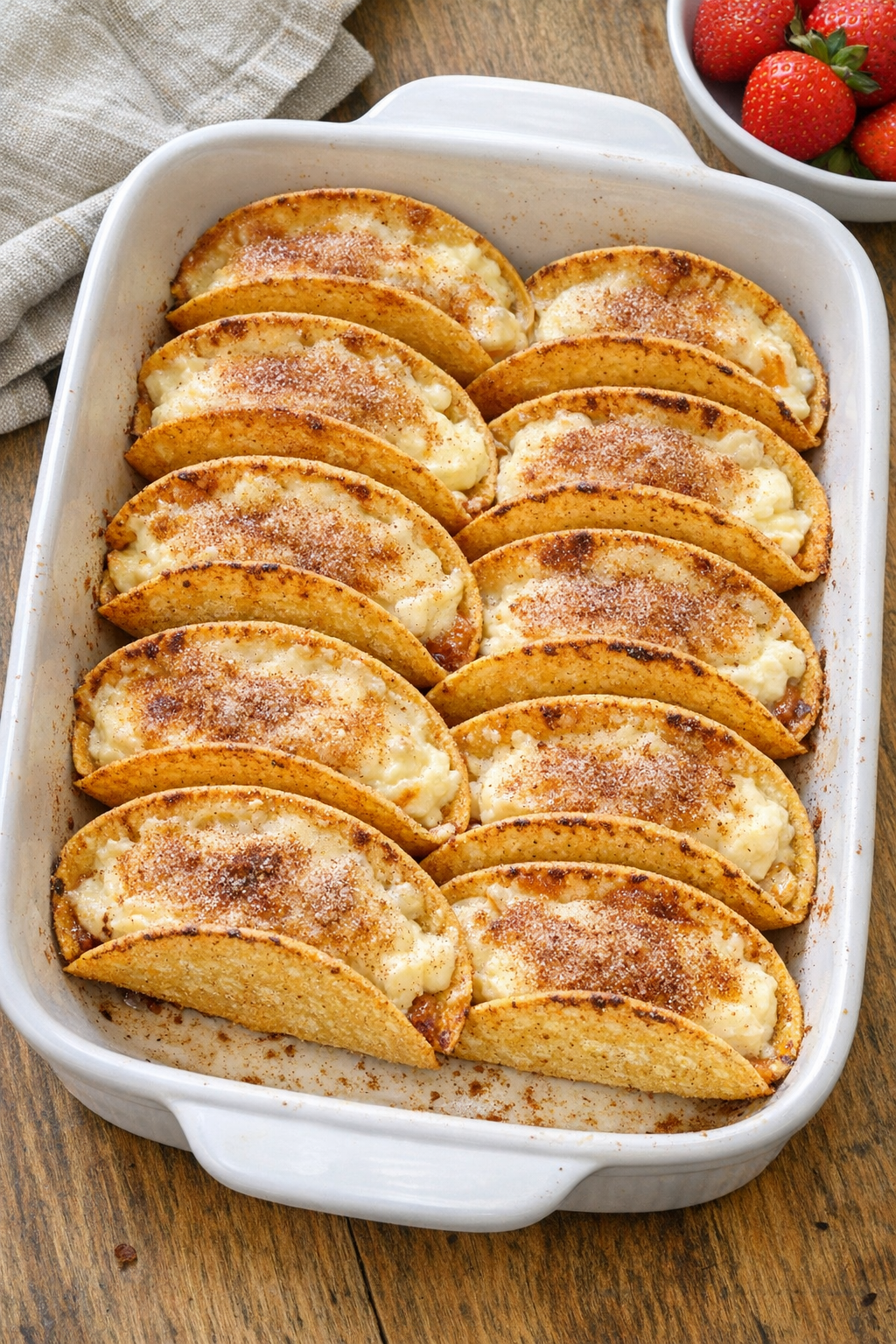 Finished baked taco shell dessert in casserole dish