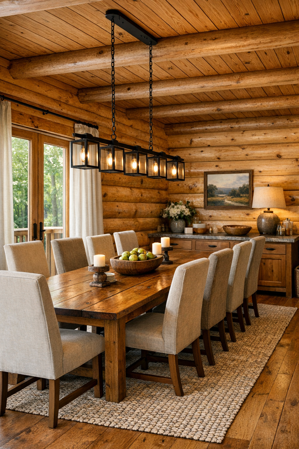 Rustic dining room with solid wood table and upholstered chairs