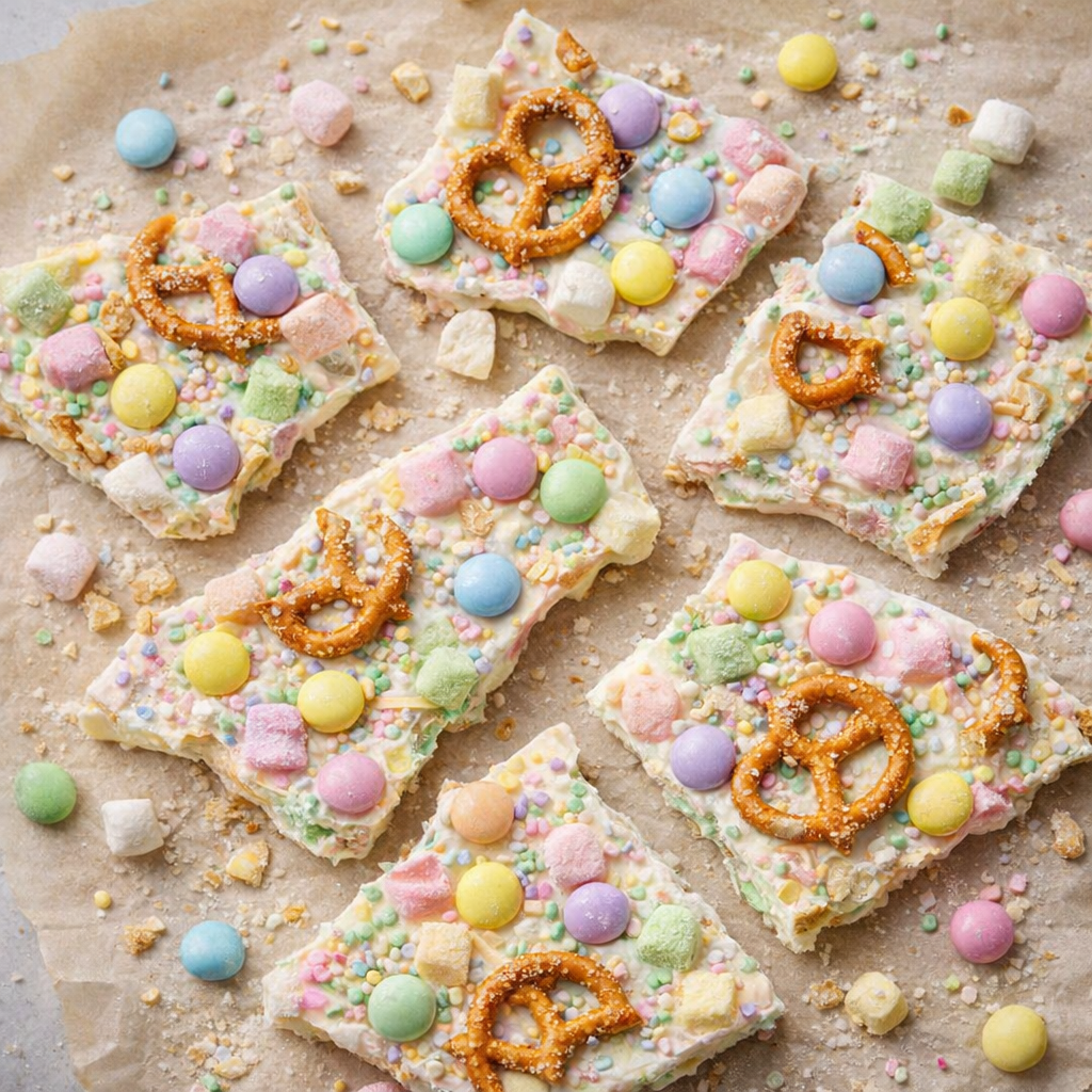 Finished Easter bark with different topping variations