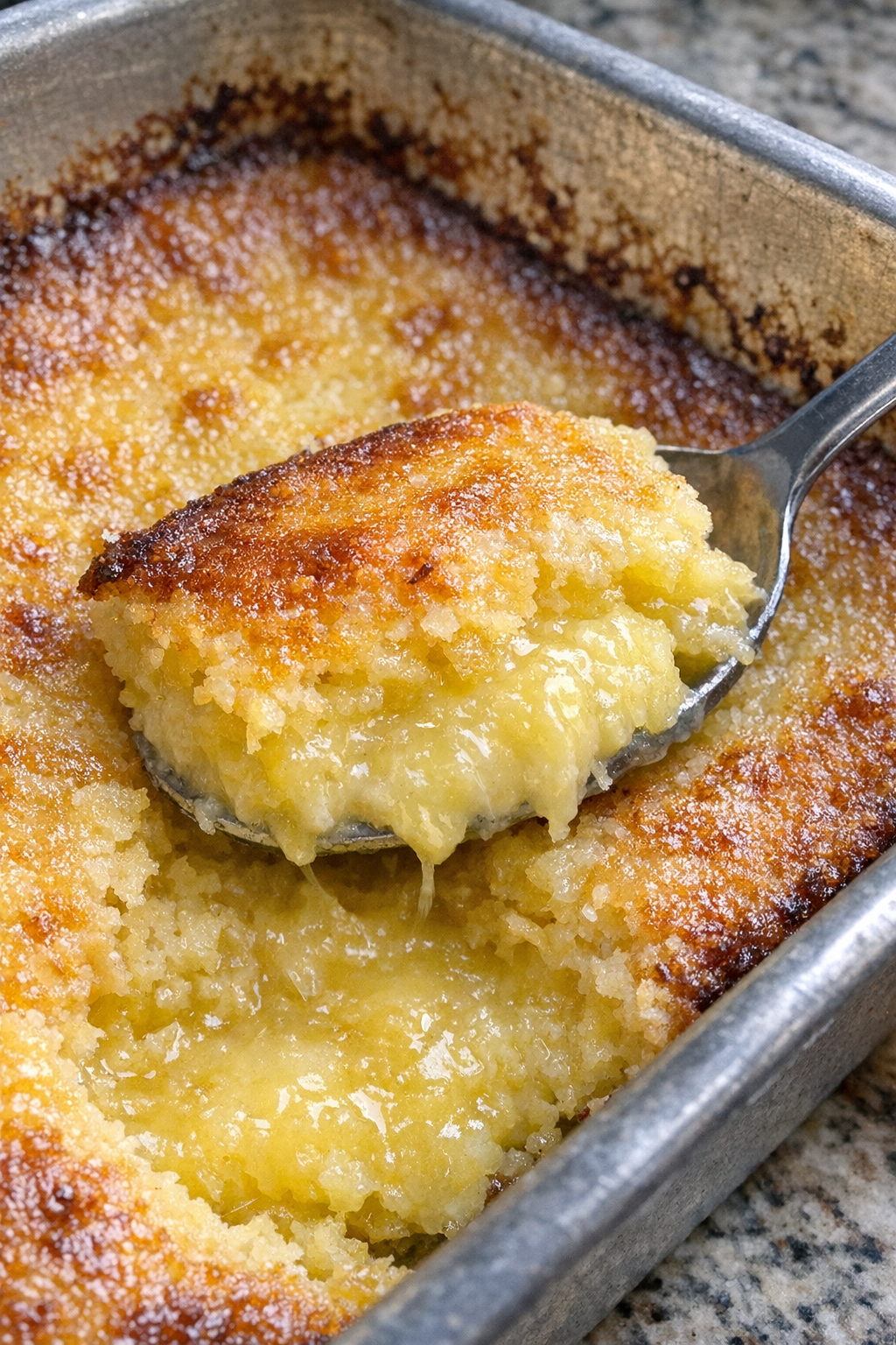 Warm baked lemon dessert with gooey center