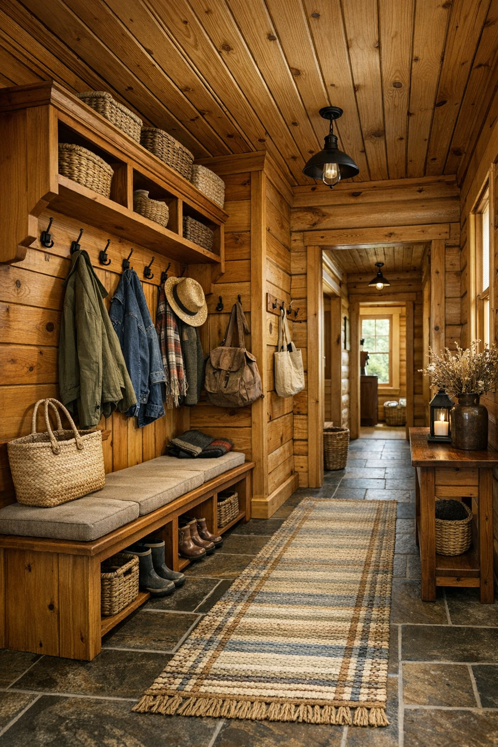 Thoughtful log home mudroom and hallway with bench, built-ins, and warm wood details