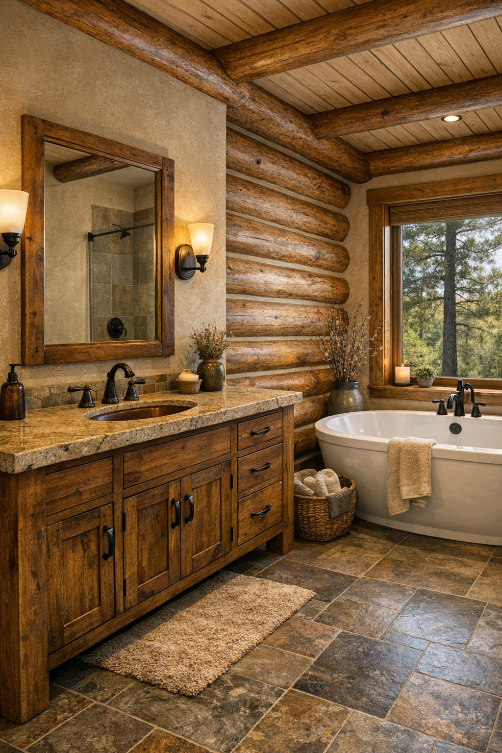 Bathroom with Amish-crafted wood vanity, stone surfaces, and warm neutral tile