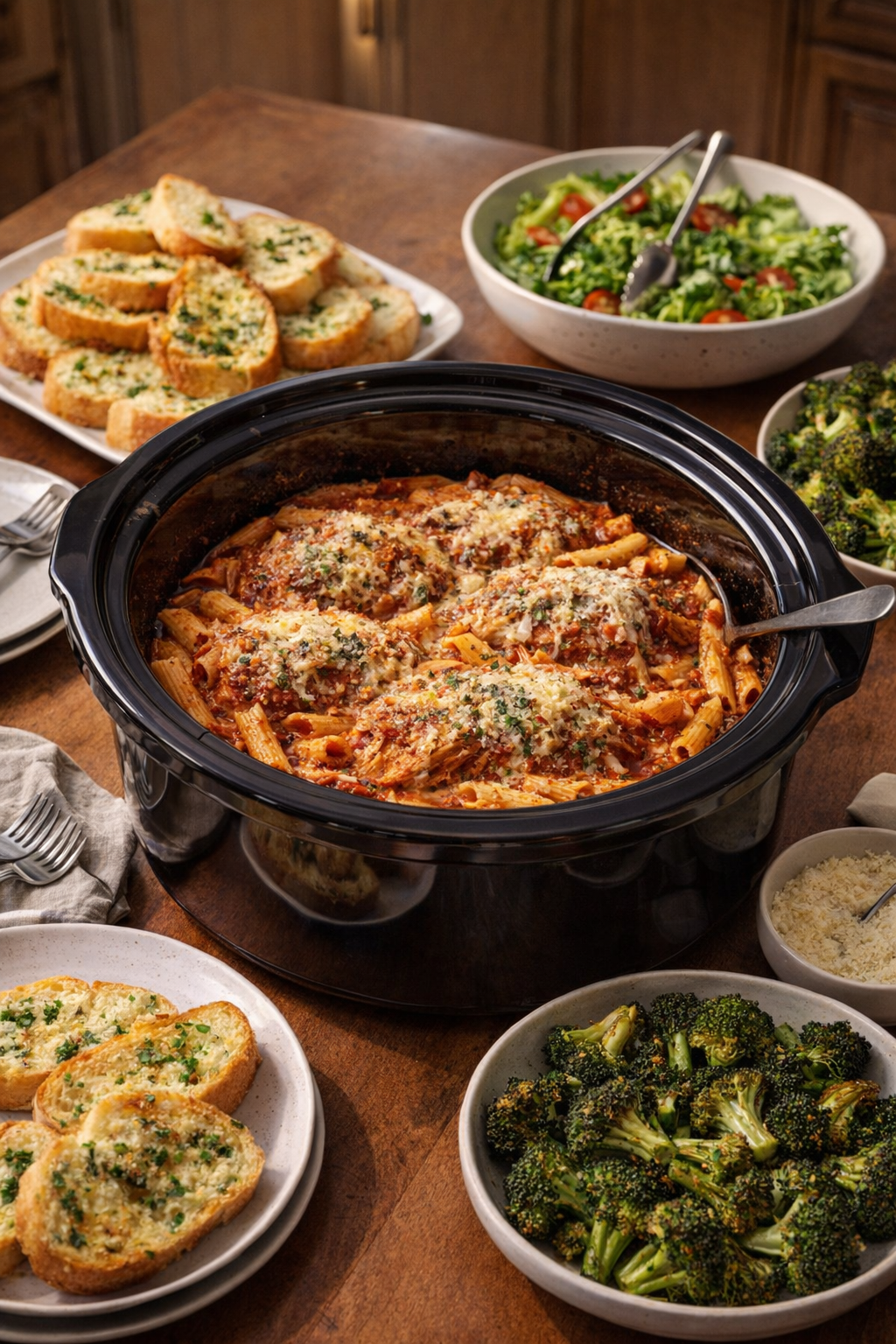 Een uitgebreid diner in familiestijl met kip Parmezaanse pasta.