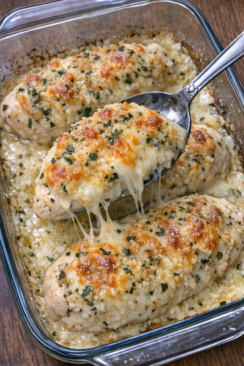 Baked chicken breasts with melted cheese and golden herb crust in a baking dish