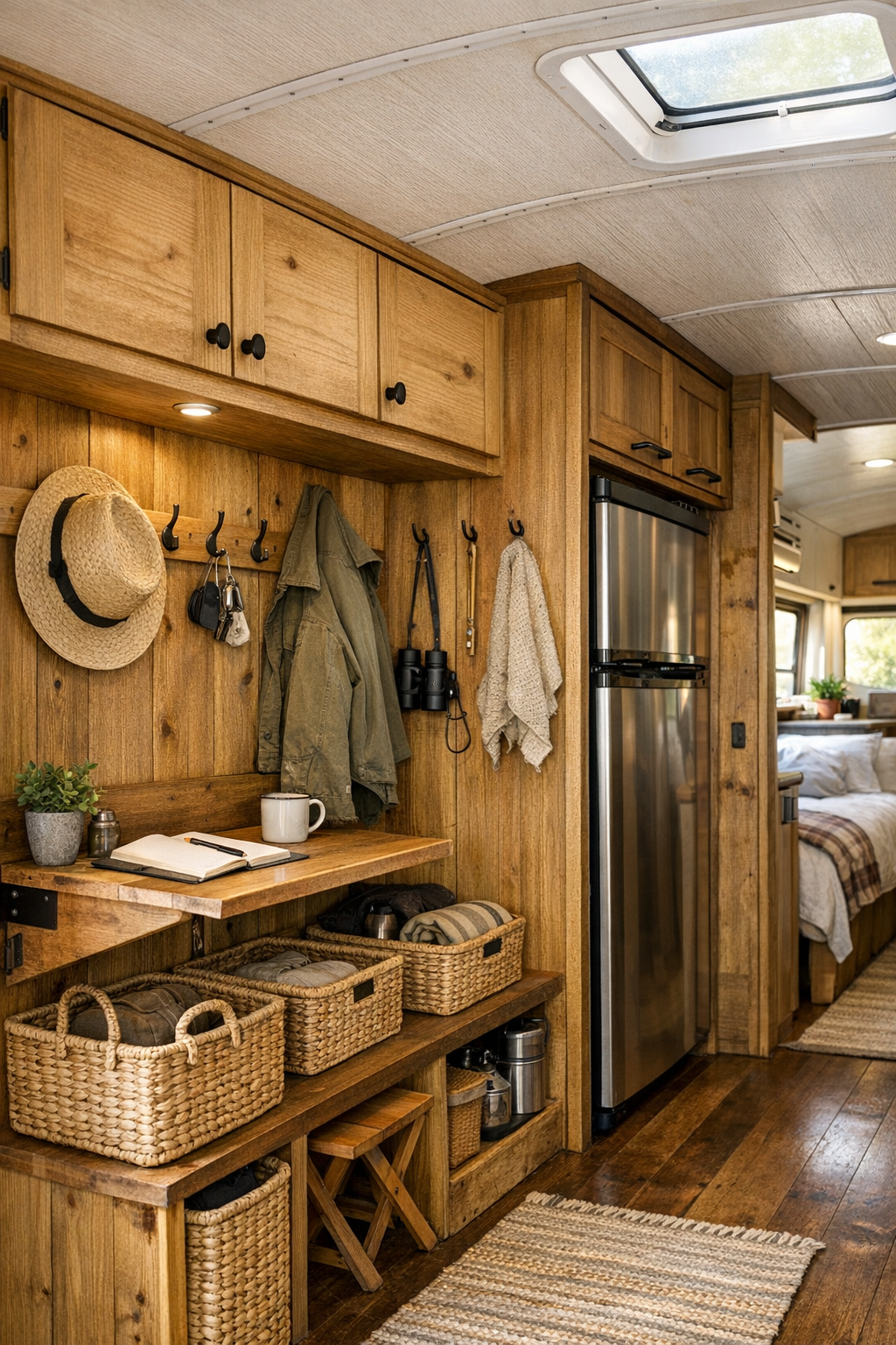 Smart multifunctional transition area inside a converted bus with storage and fold-down workspace