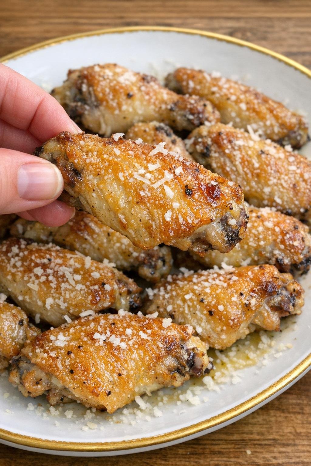 Golden parmesan-coated chicken wings on a white platter