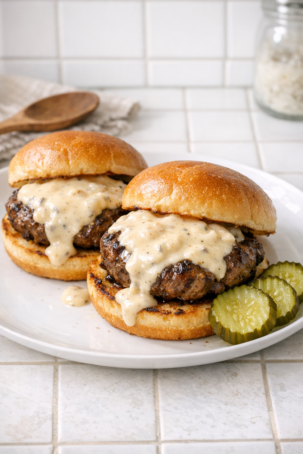 Creamy garlic burgers plated with sauce on toasted buns